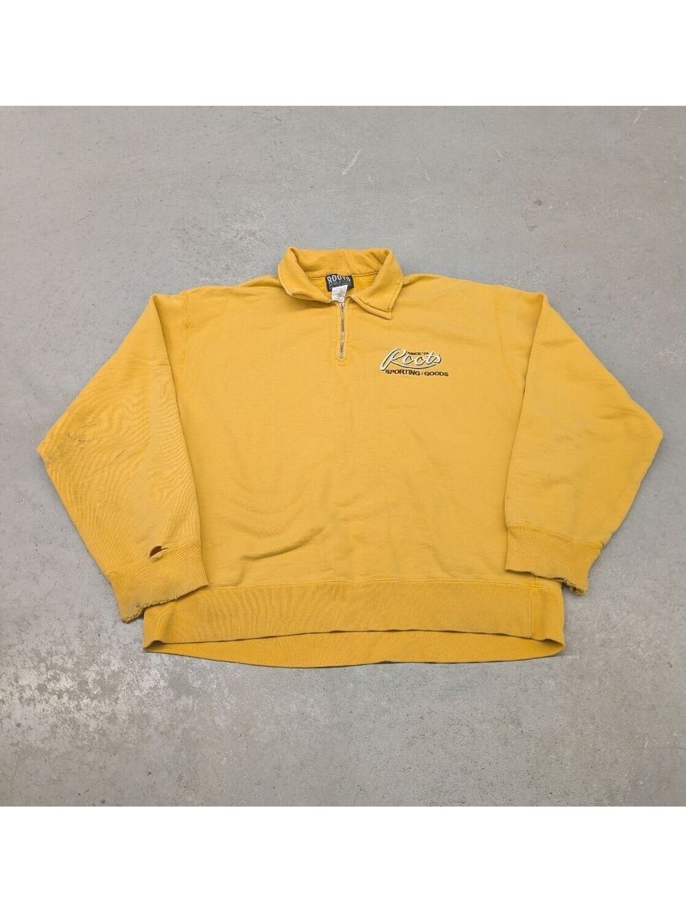 Vintage 90s Roots Canada Yellow Distressed Collared Sweater